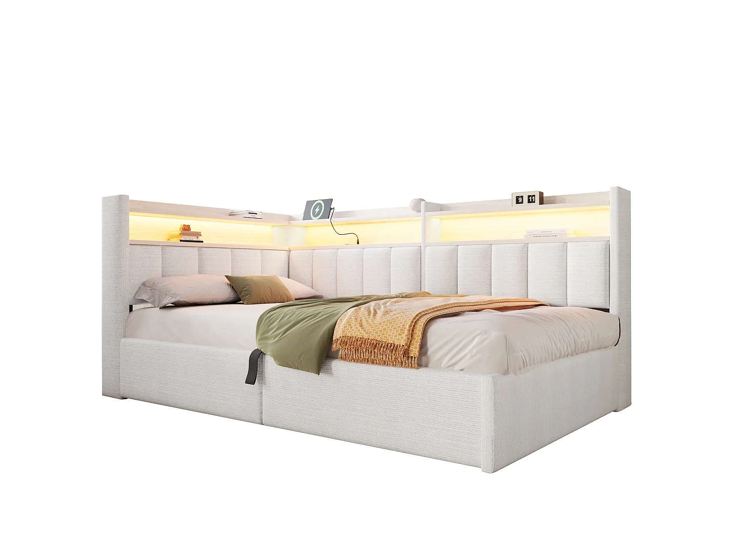 Sovesofa med opbevaringsrum 90 x 200 cm – med LED-belysning og USB-port – Velour – beige (madras ikke inkluderet)