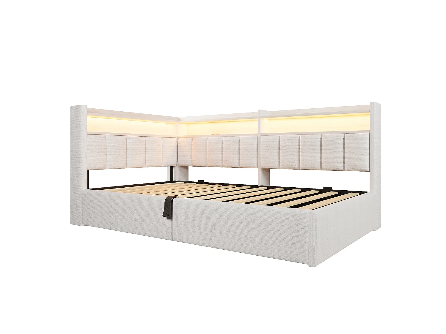 Sovesofa med opbevaringsrum 90 x 200 cm – med LED-belysning og USB-port – Velour – beige (madras ikke inkluderet)