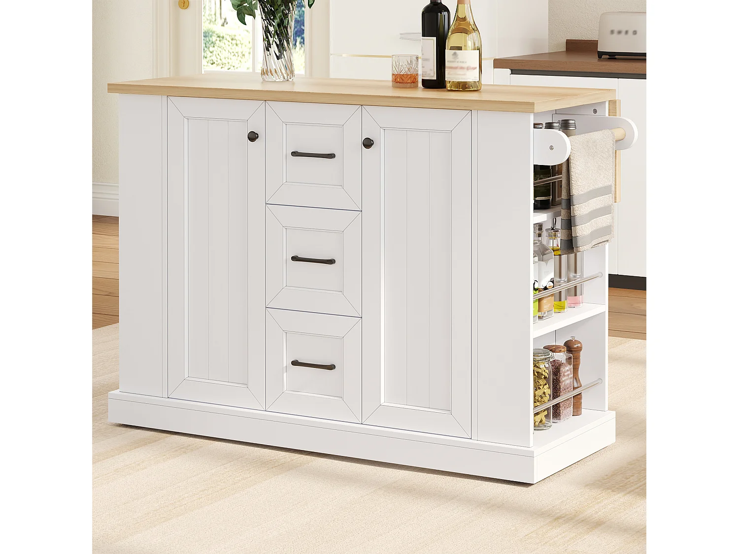 Kitchen island - folding dining table - with 2 doors and 3 drawers - with lockable swivel casters - White