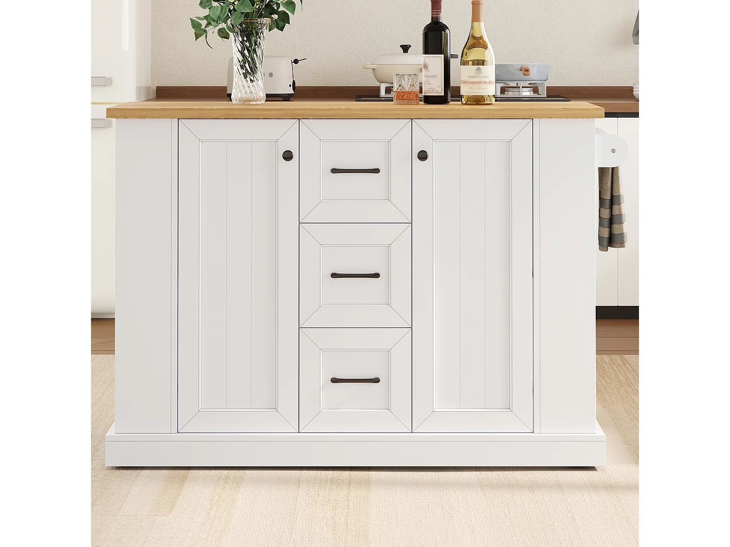 Kitchen island - folding dining table - with 2 doors and 3 drawers - with lockable swivel casters - White