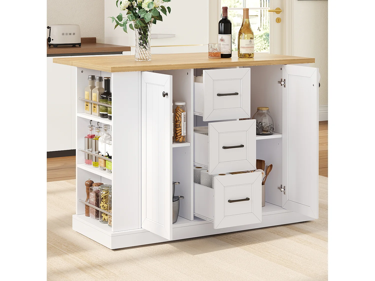 Kitchen island - folding dining table - with 2 doors and 3 drawers - with lockable swivel casters - White