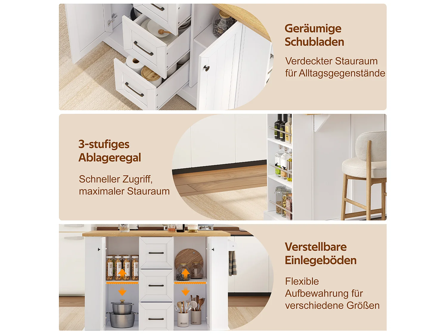 Kitchen island - folding dining table - with 2 doors and 3 drawers - with lockable swivel casters - White