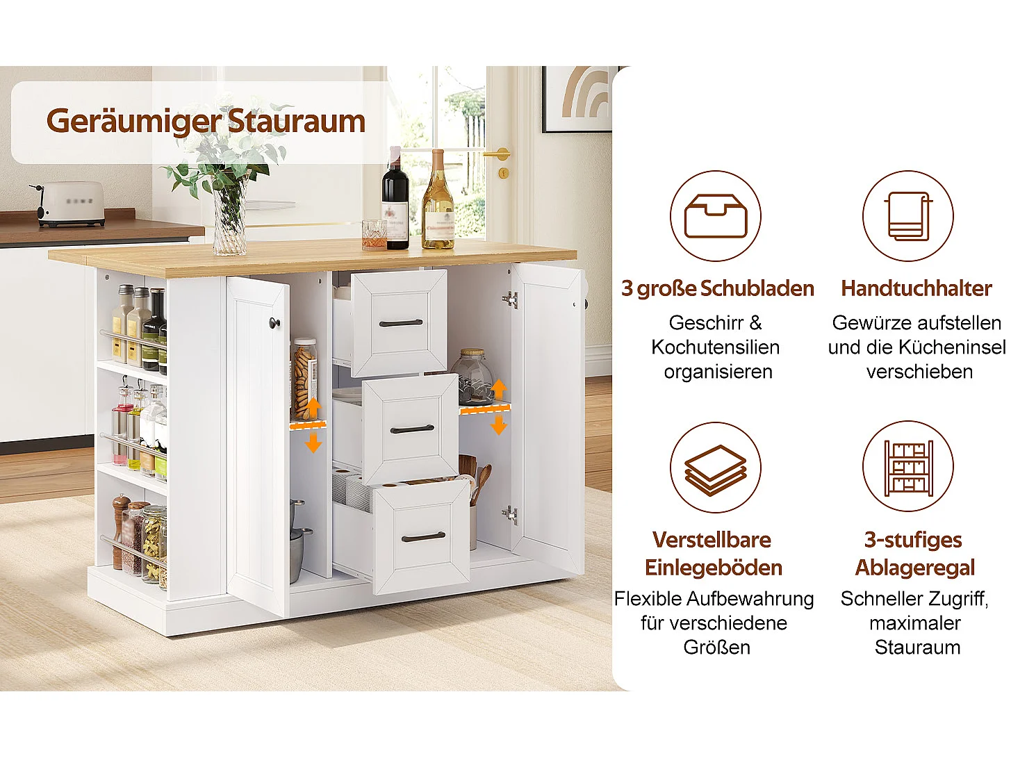 Kitchen island - folding dining table - with 2 doors and 3 drawers - with lockable swivel casters - White
