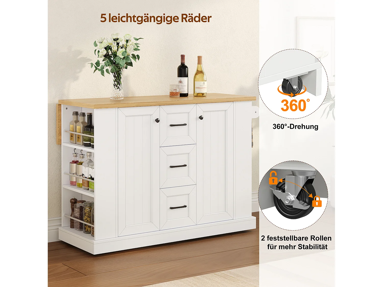 Kitchen island - folding dining table - with 2 doors and 3 drawers - with lockable swivel casters - White