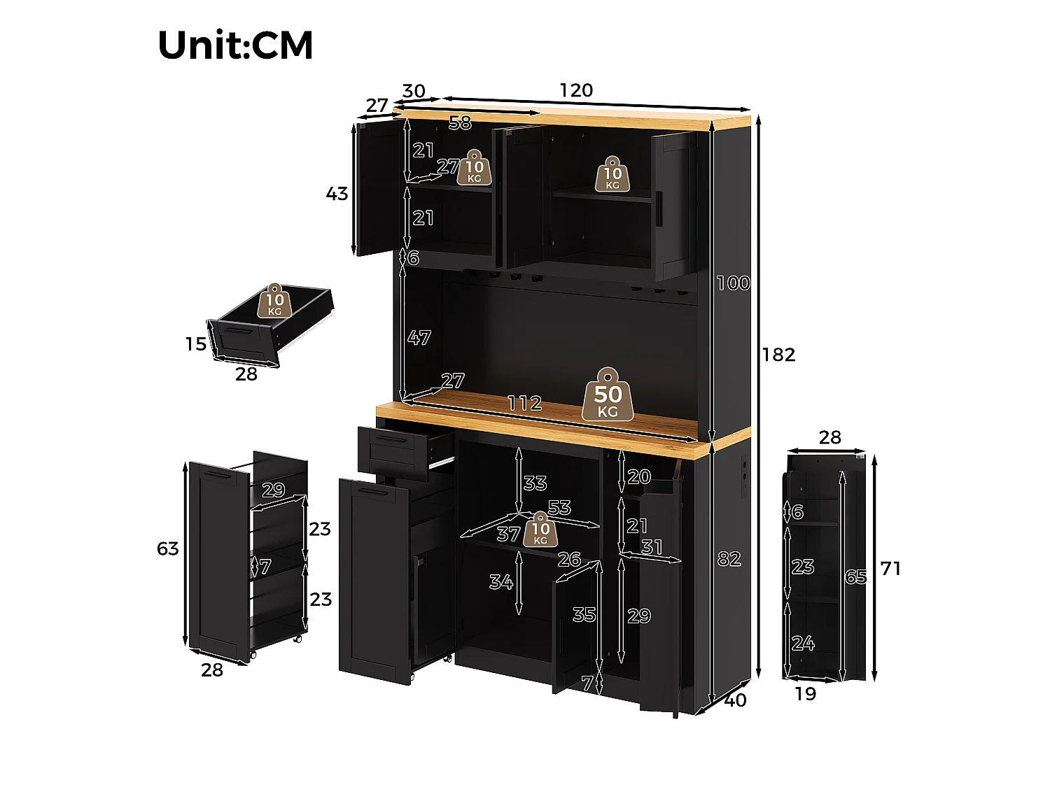 Küchenbuffet 120x40x182cm – mit 7 Türen und 2 Schubladen – mit LED-Beleuchtung – mit Steckdose – Schwarz