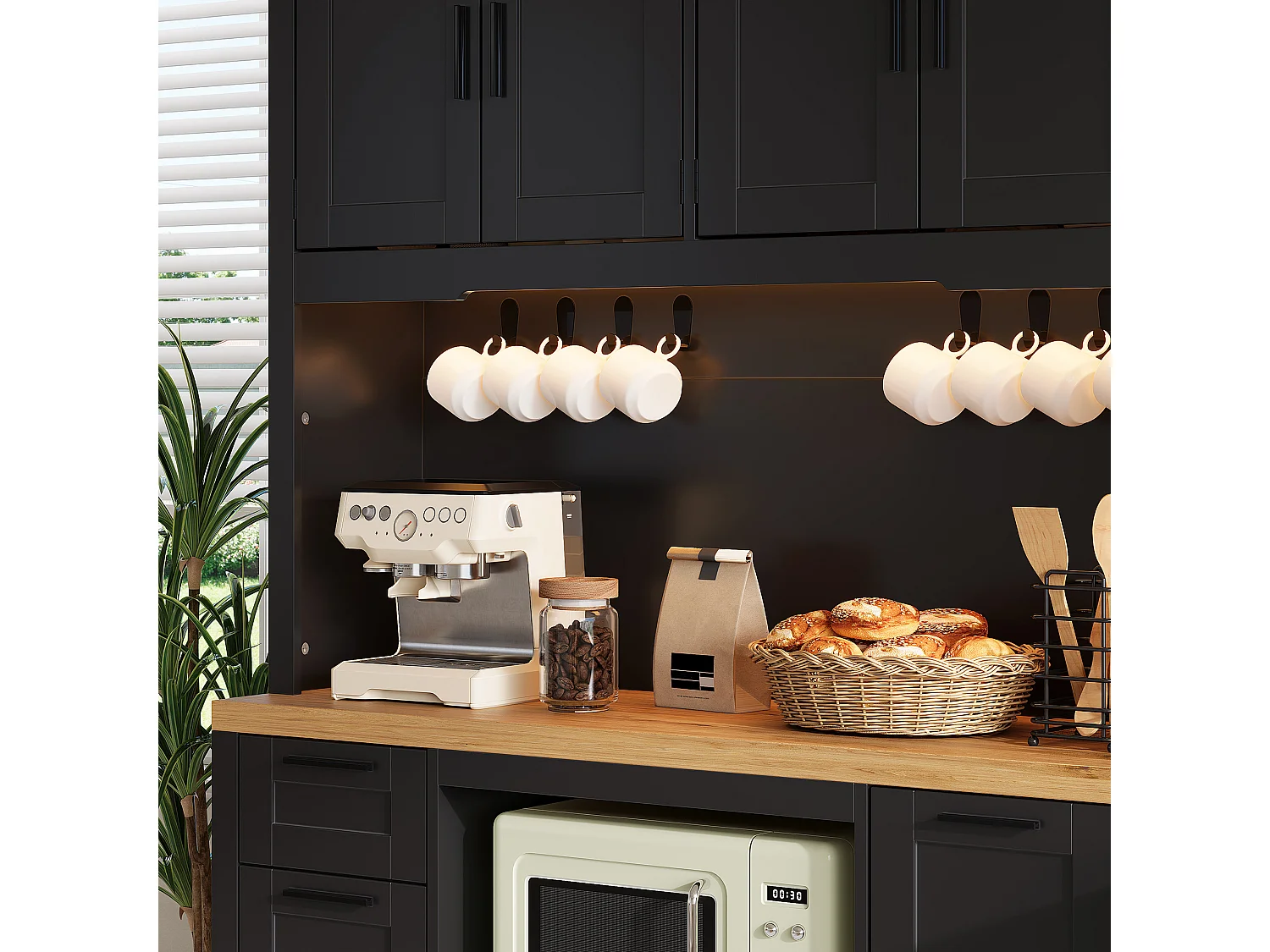 Küchenbuffet 120x40x182cm – mit 7 Türen und 2 Schubladen – mit LED-Beleuchtung – mit Steckdose – Schwarz