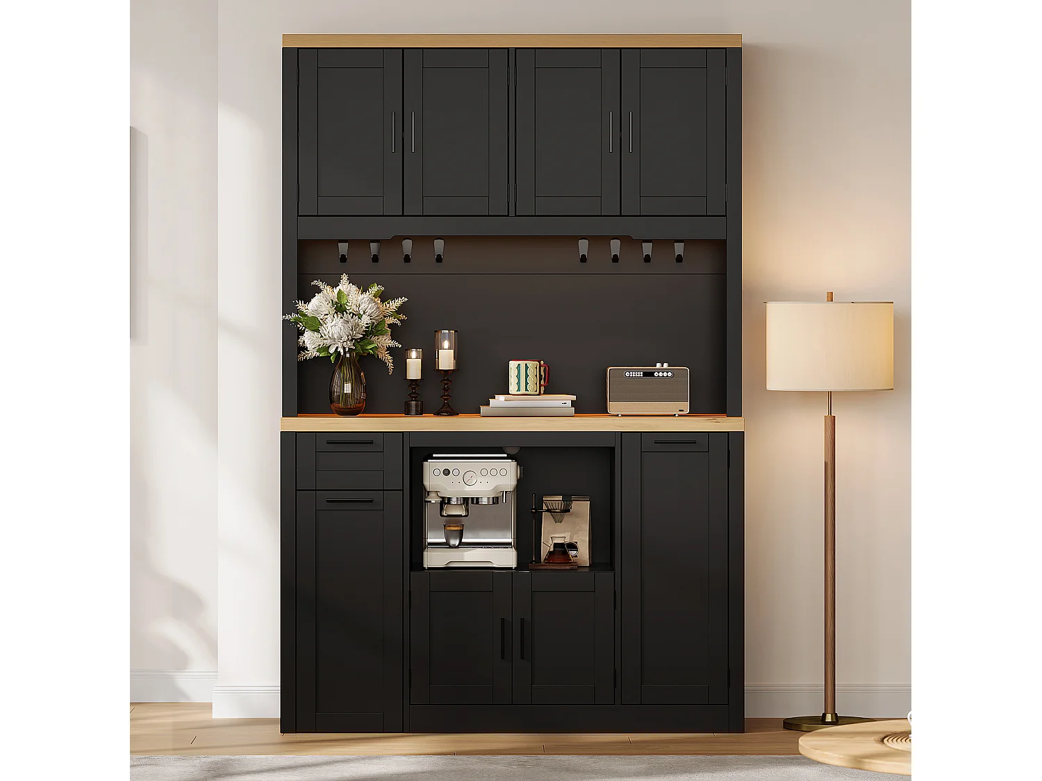 Küchenbuffet 120x40x182cm – mit 7 Türen und 2 Schubladen – mit LED-Beleuchtung – mit Steckdose – Schwarz
