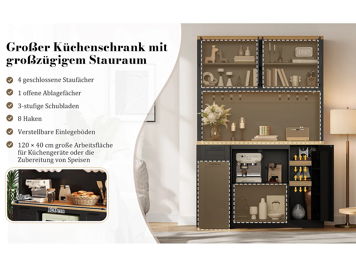 Küchenbuffet 120x40x182cm – mit 7 Türen und 2 Schubladen – mit LED-Beleuchtung – mit Steckdose – Schwarz