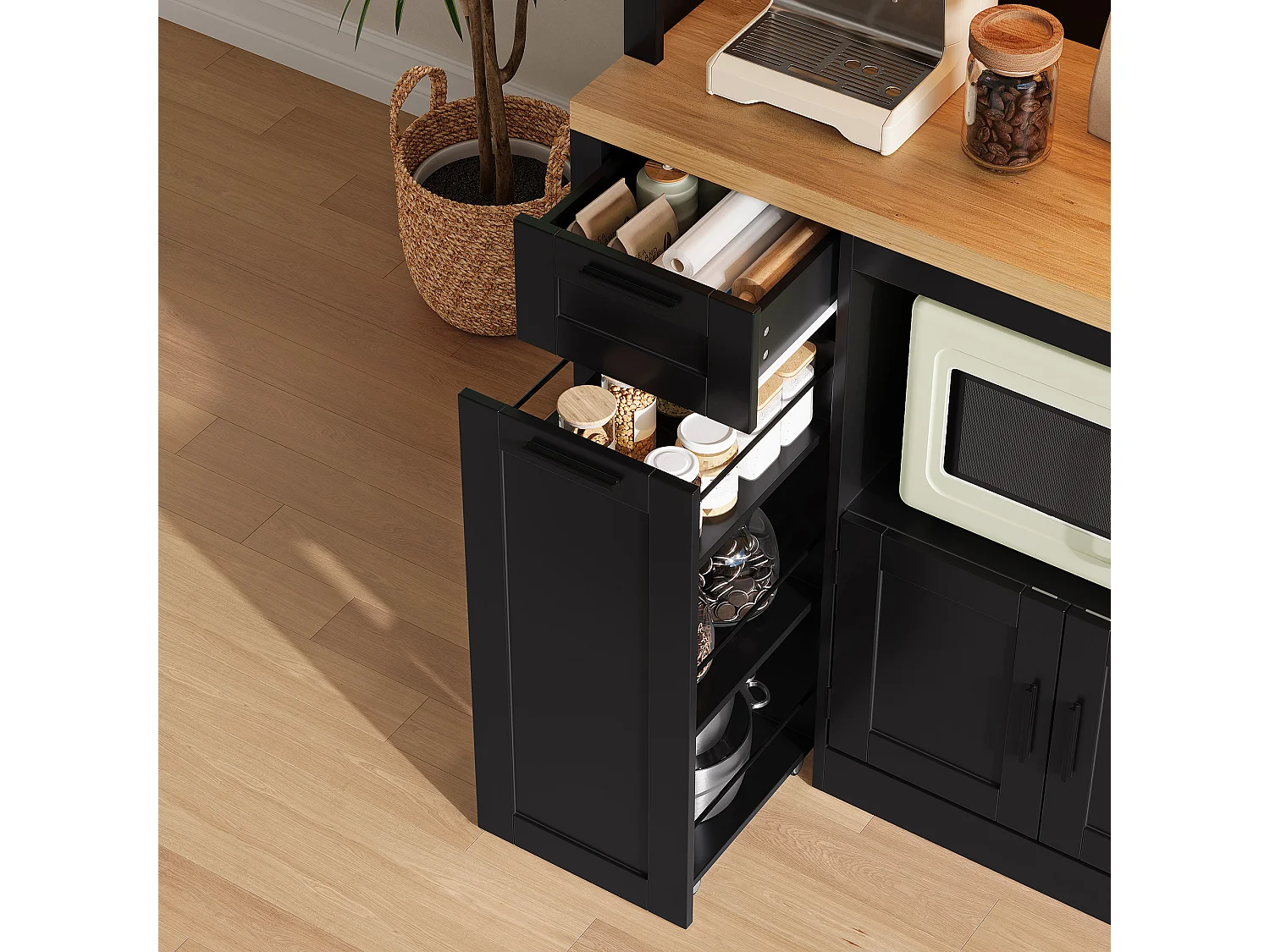 Küchenbuffet 120x40x182cm – mit 7 Türen und 2 Schubladen – mit LED-Beleuchtung – mit Steckdose – Schwarz