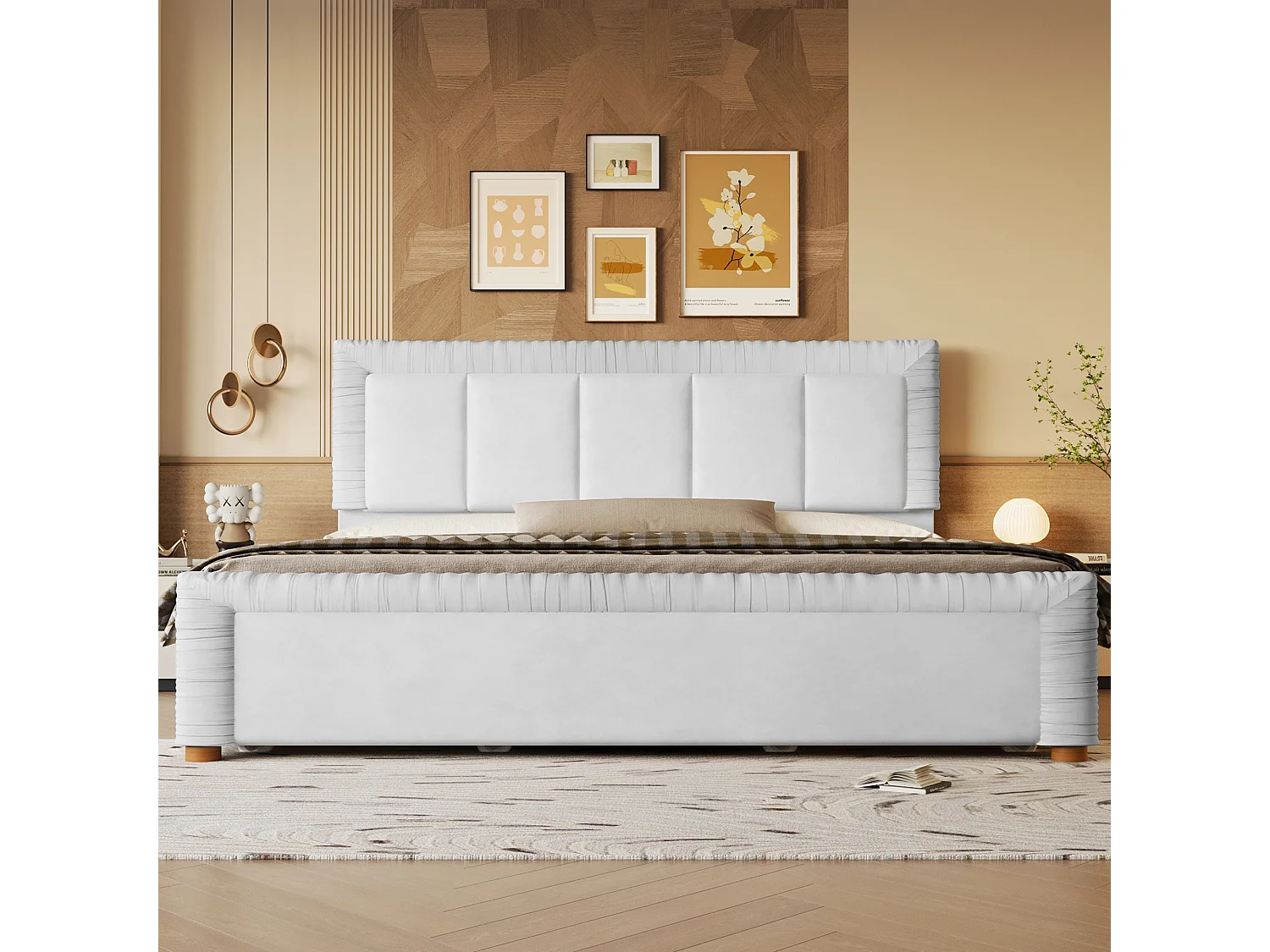 Lit double 180 x 200 cm en velours style français - Lit adulte avec 2 tiroirs - Pieds en bois - Gris(matelas non inclus)