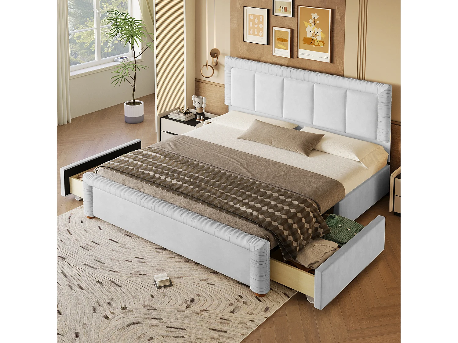 Lit double 180 x 200 cm en velours style français - Lit adulte avec 2 tiroirs - Pieds en bois - Gris(matelas non inclus)