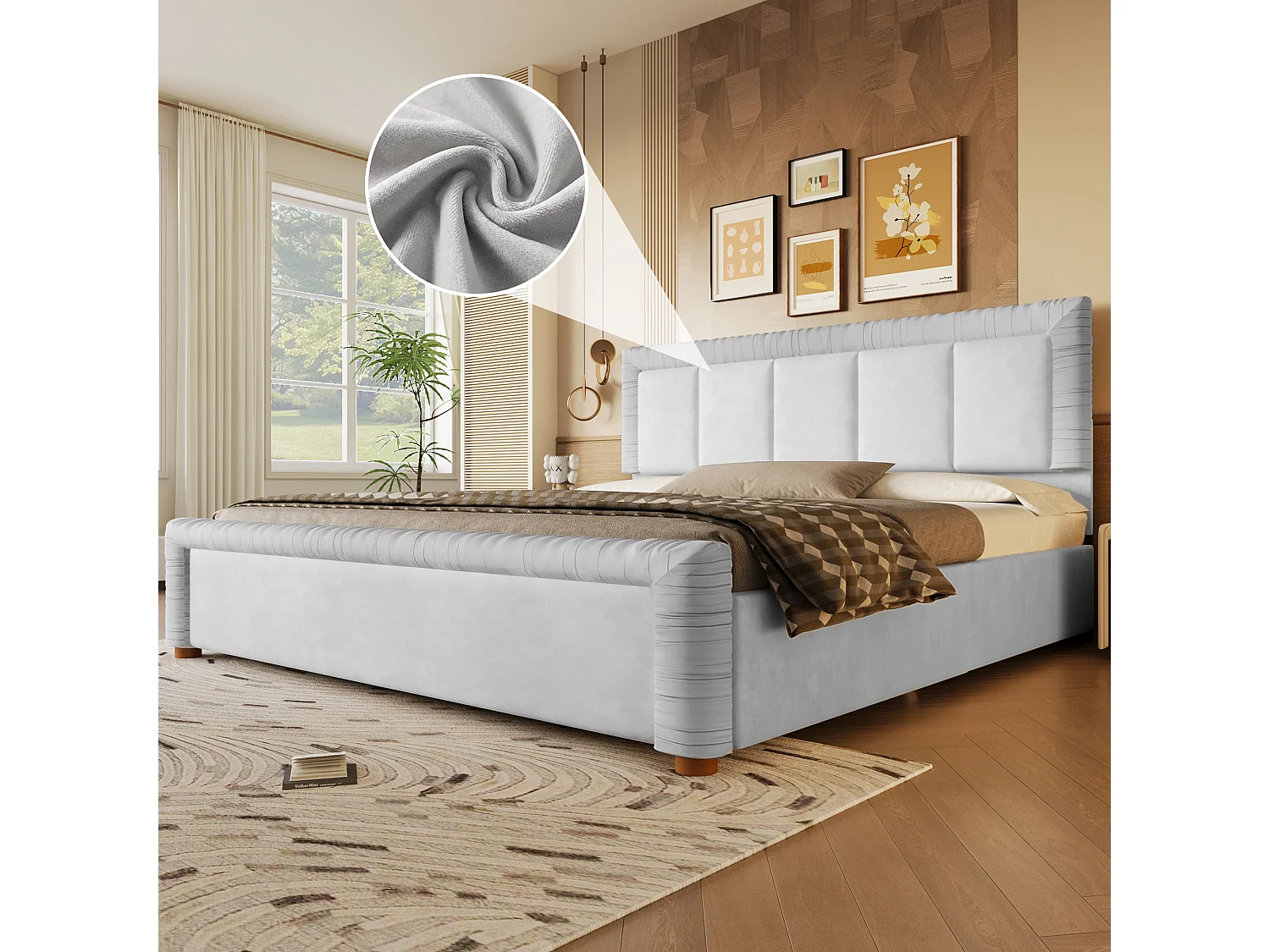 Lit double 180 x 200 cm en velours style français - Lit adulte avec 2 tiroirs - Pieds en bois - Gris(matelas non inclus)