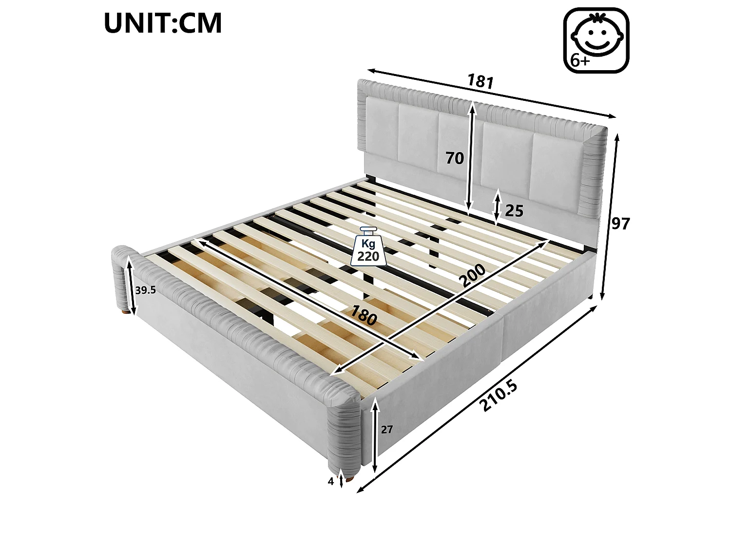 Lit double 180 x 200 cm en velours style français - Lit adulte avec 2 tiroirs - Pieds en bois - Gris(matelas non inclus)