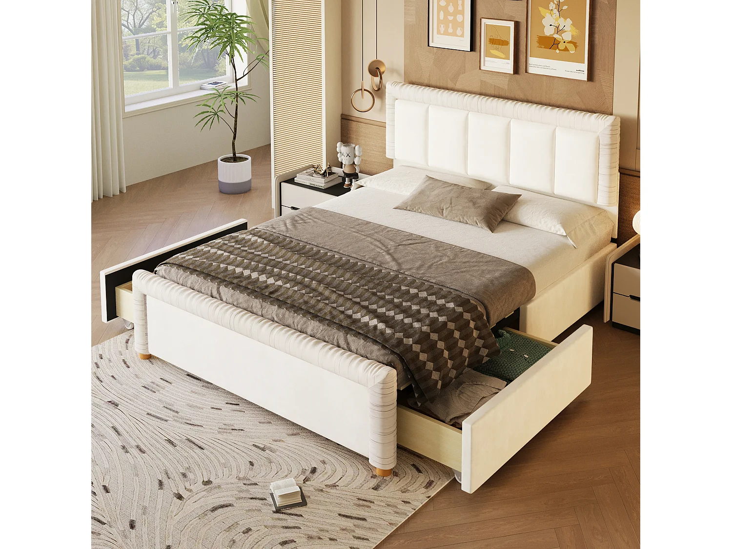 Lit double 140x200 cm en velours style français - Lit adulte avec 2 tiroirs - Pieds en bois - Beige (matelas non inclus)