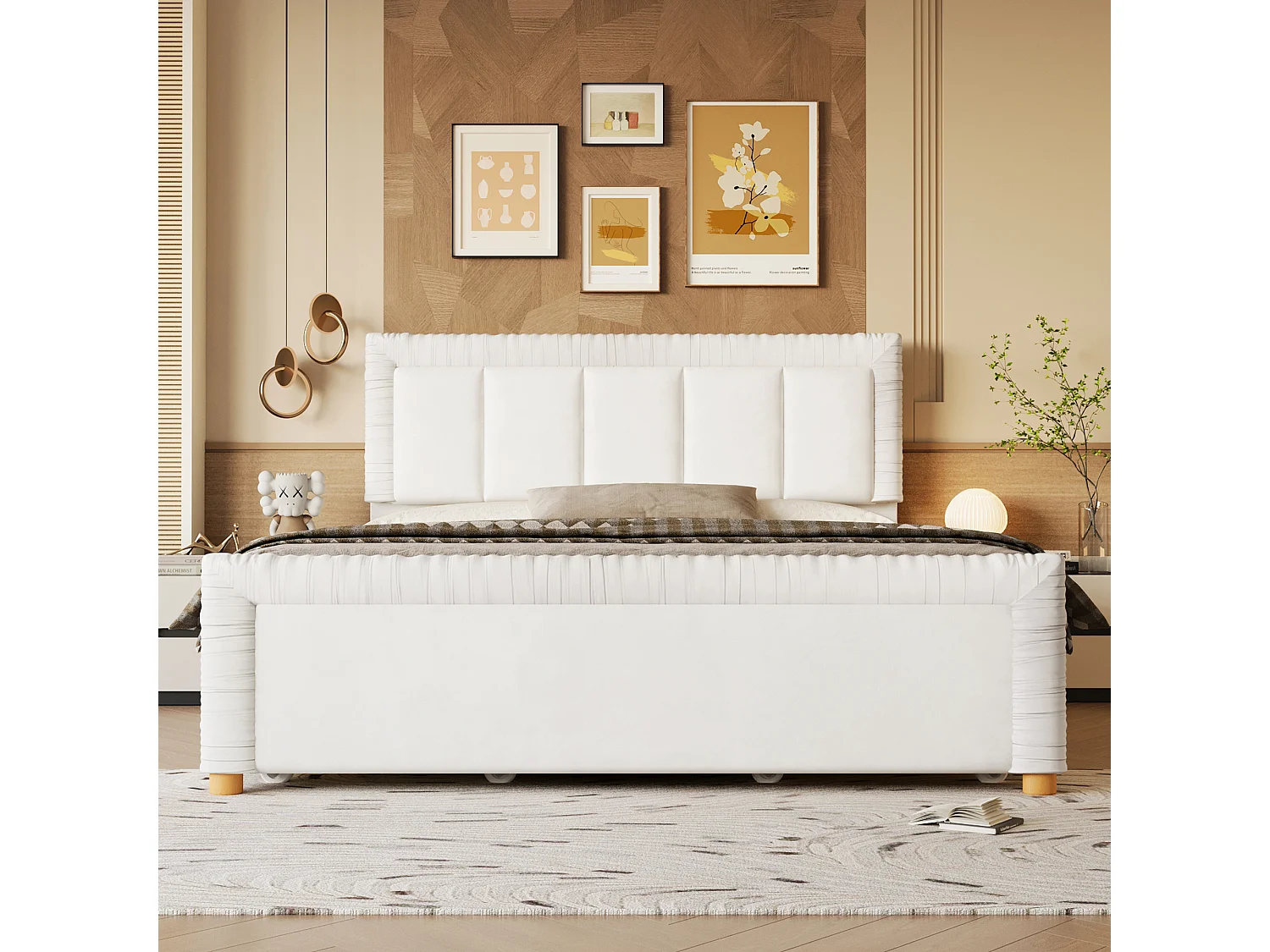 Lit double 140x200 cm en velours style français - Lit adulte avec 2 tiroirs - Pieds en bois - Beige (matelas non inclus)