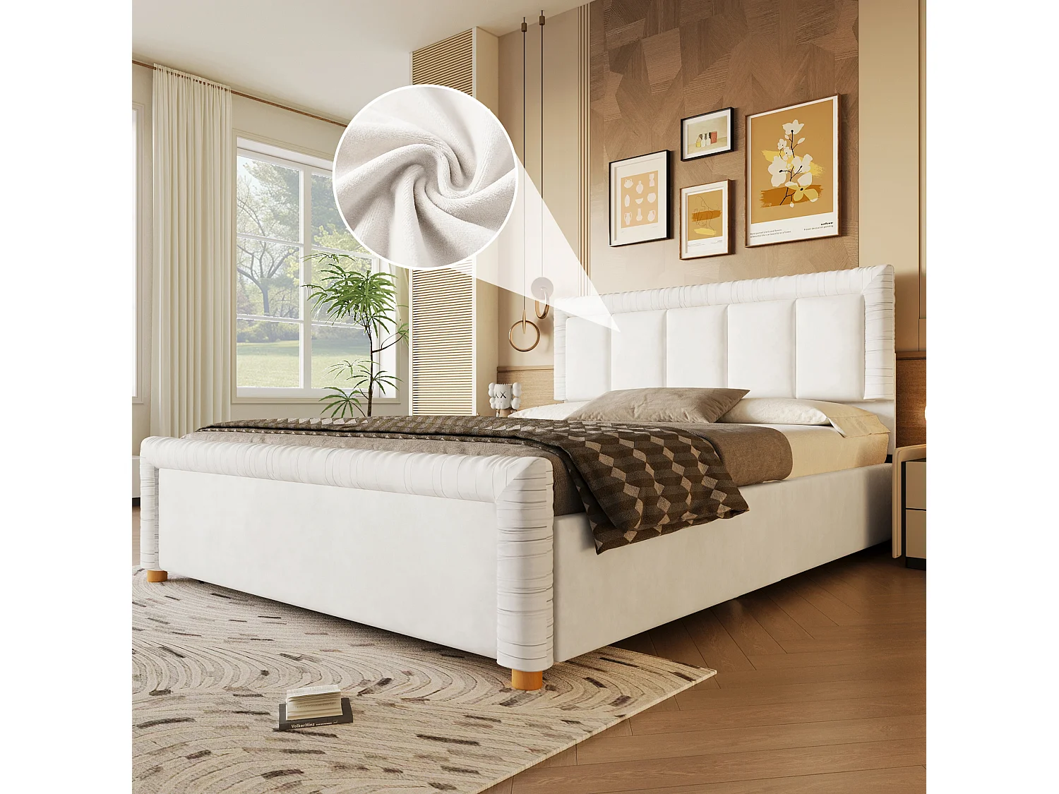 Lit double 140x200 cm en velours style français - Lit adulte avec 2 tiroirs - Pieds en bois - Beige (matelas non inclus)