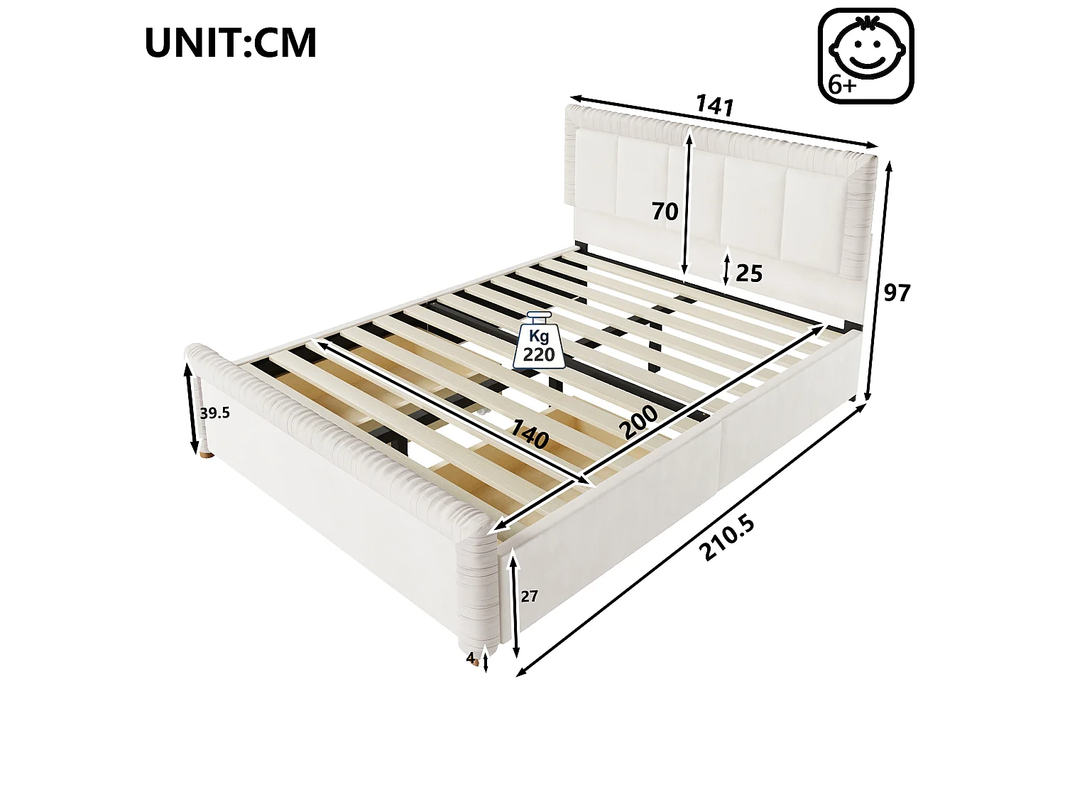 Lit double 140x200 cm en velours style français - Lit adulte avec 2 tiroirs - Pieds en bois - Beige (matelas non inclus)