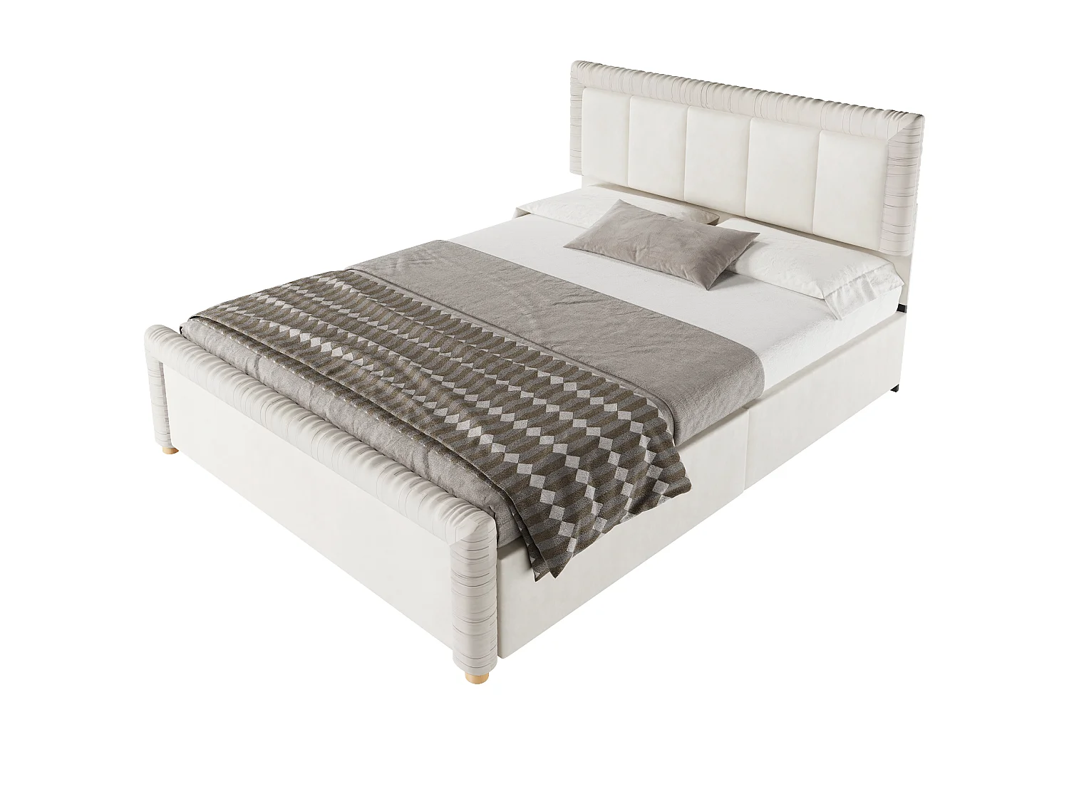 Lit double 140x200 cm en velours style français - Lit adulte avec 2 tiroirs - Pieds en bois - Beige (matelas non inclus)
