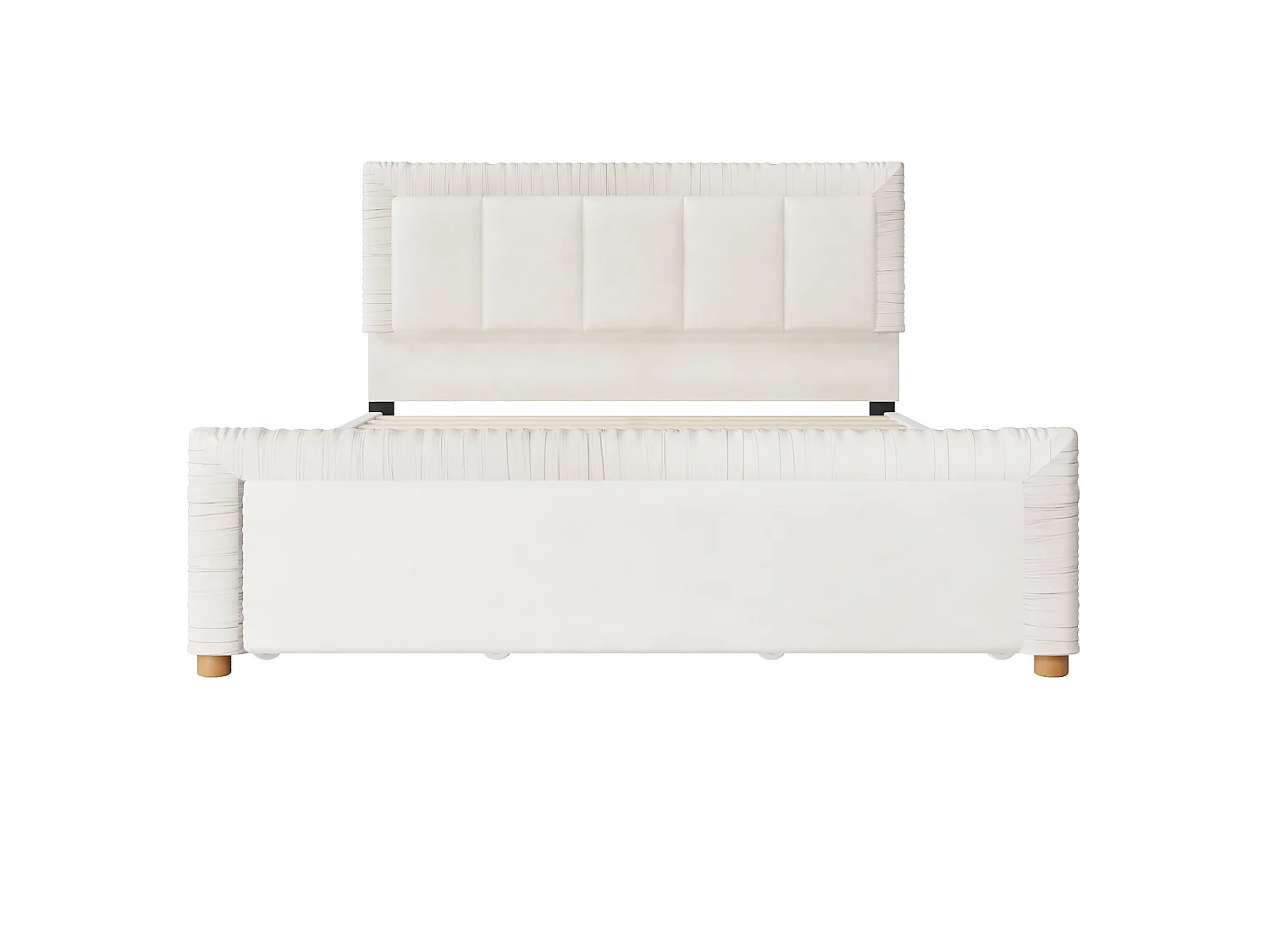 Lit double 140x200 cm en velours style français - Lit adulte avec 2 tiroirs - Pieds en bois - Beige (matelas non inclus)