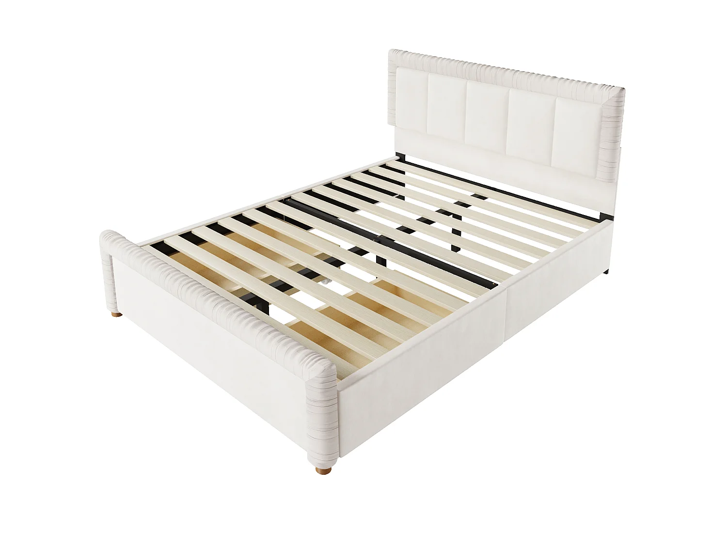 Lit double 140x200 cm en velours style français - Lit adulte avec 2 tiroirs - Pieds en bois - Beige (matelas non inclus)
