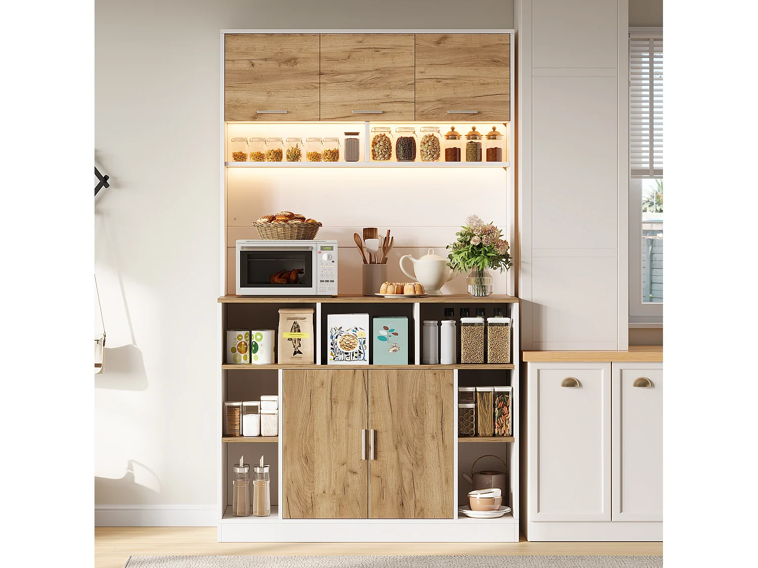 Buffet de cuisine 105x40x180cm - avec 5 portes - avec éclairage LED et compartiment de rangement - Naturel + Blanc