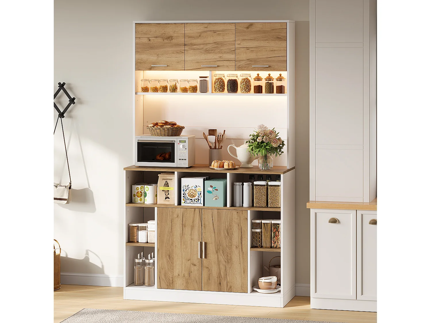 Buffet de cuisine 105x40x180cm - avec 5 portes - avec éclairage LED et compartiment de rangement - Naturel + Blanc