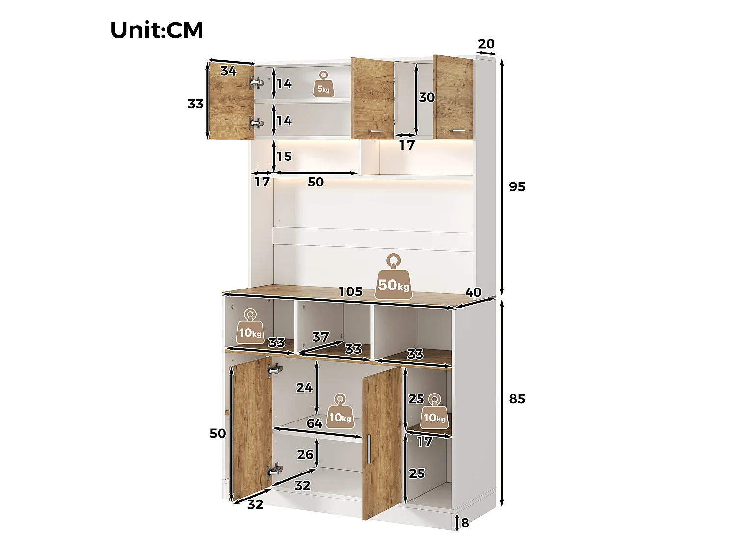 Buffet de cuisine 105x40x180cm - avec 5 portes - avec éclairage LED et compartiment de rangement - Naturel + Blanc