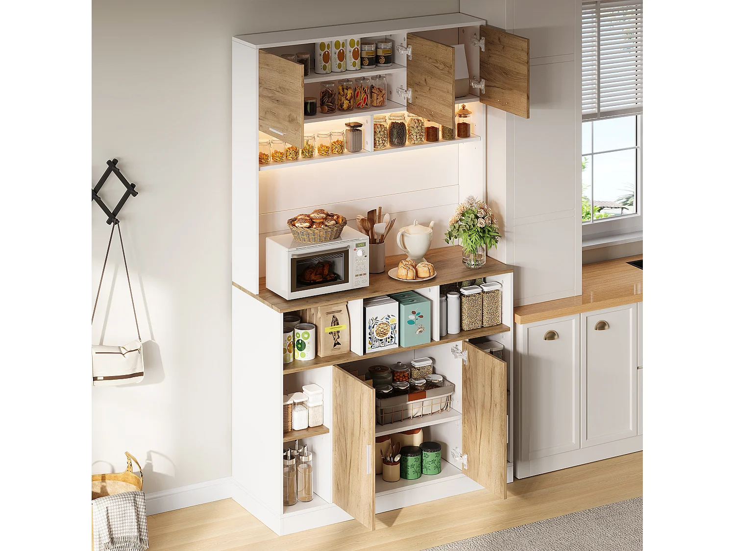 Buffet de cuisine 105x40x180cm - avec 5 portes - avec éclairage LED et compartiment de rangement - Naturel + Blanc