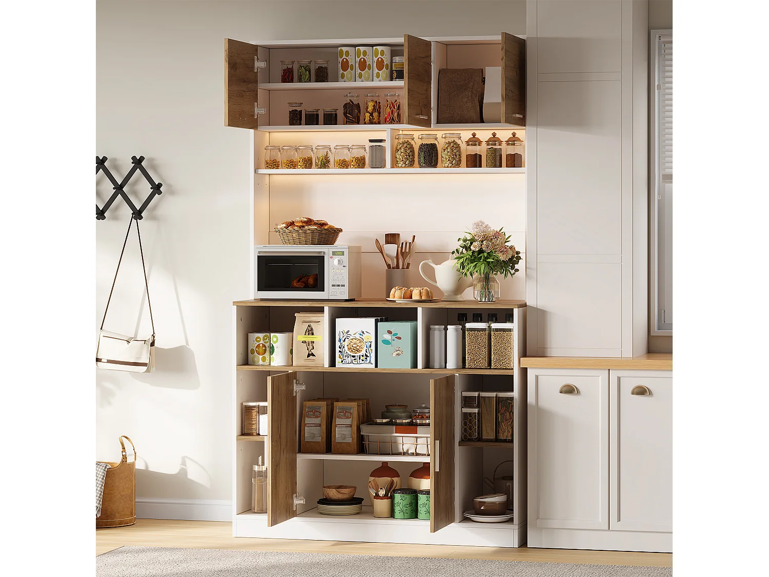 Buffet de cuisine 105x40x180cm - avec 5 portes - avec éclairage LED et compartiment de rangement - Naturel + Blanc