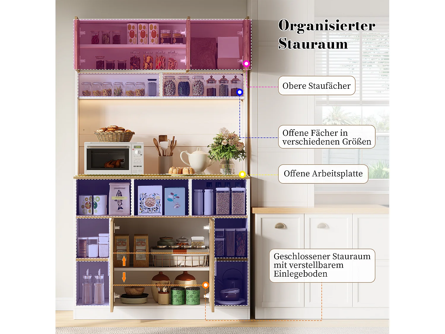 Buffet de cuisine 105x40x180cm - avec 5 portes - avec éclairage LED et compartiment de rangement - Naturel + Blanc