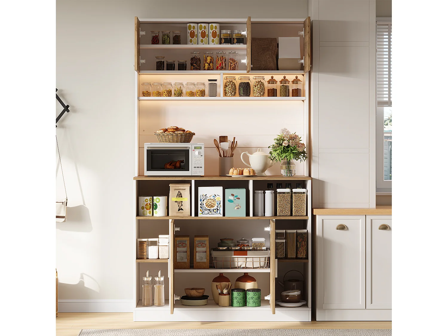 Buffet de cuisine 105x40x180cm - avec 5 portes - avec éclairage LED et compartiment de rangement - Naturel + Blanc