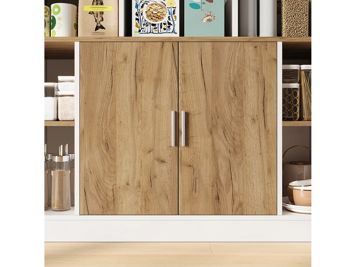 Buffet de cuisine 105x40x180cm - avec 5 portes - avec éclairage LED et compartiment de rangement - Naturel + Blanc