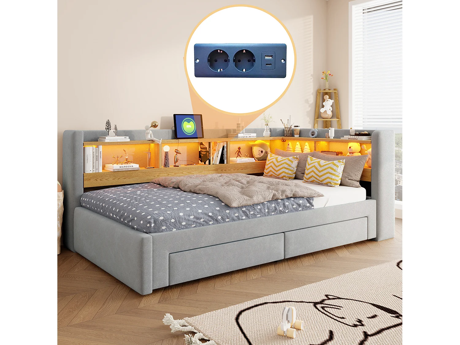 Sofá-cama 90x200 cm – com cama auxiliar – com 2 gavetas – com iluminação LED – com tomada elétrica – Cinza claro (colchão não incluído)