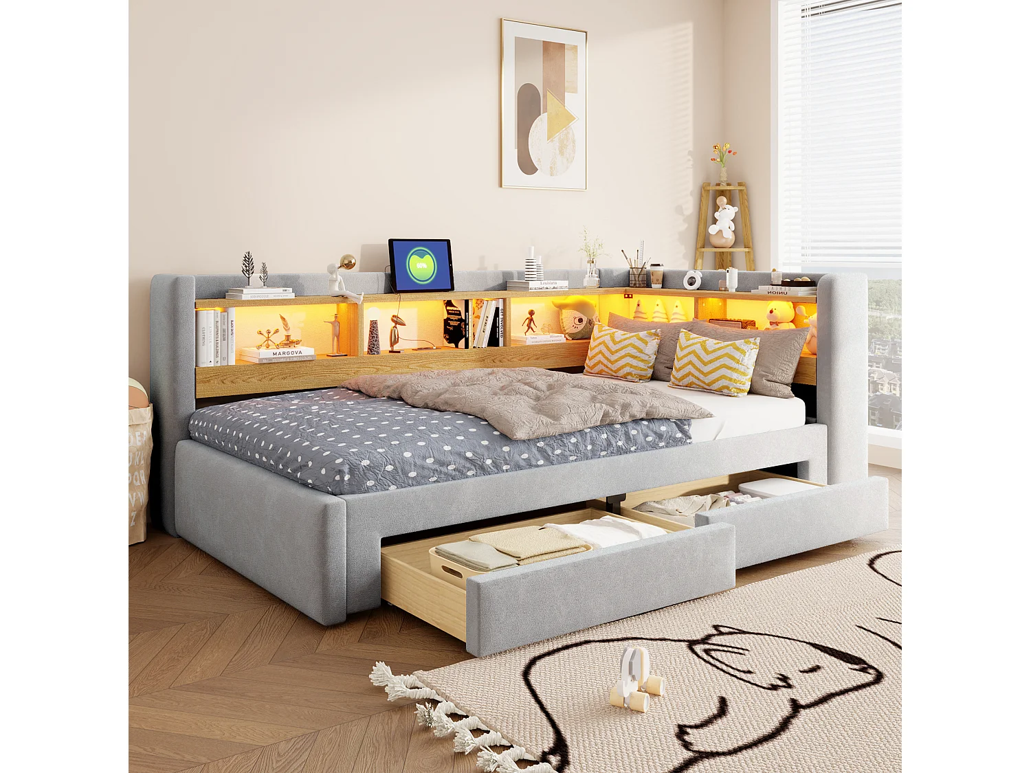 Sofá-cama 90x200 cm – com cama auxiliar – com 2 gavetas – com iluminação LED – com tomada elétrica – Cinza claro (colchão não incluído)