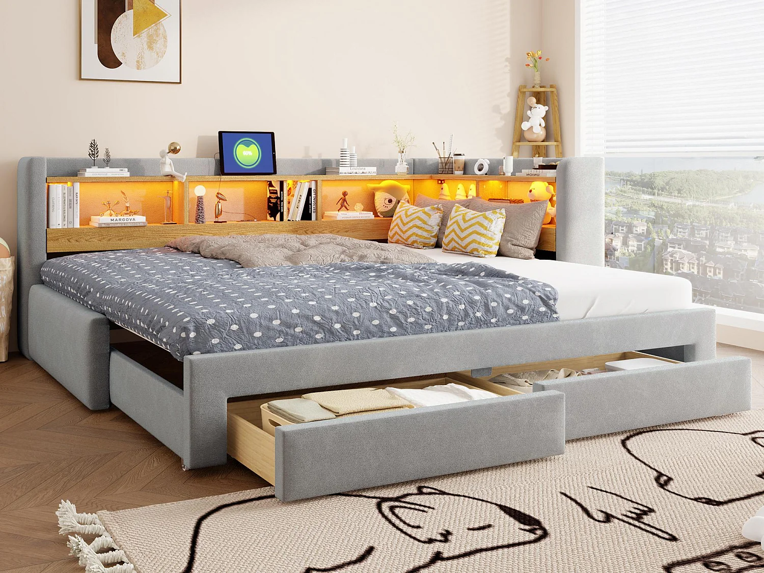 Sofá-cama 90x200 cm – com cama auxiliar – com 2 gavetas – com iluminação LED – com tomada elétrica – Cinza claro (colchão não incluído)