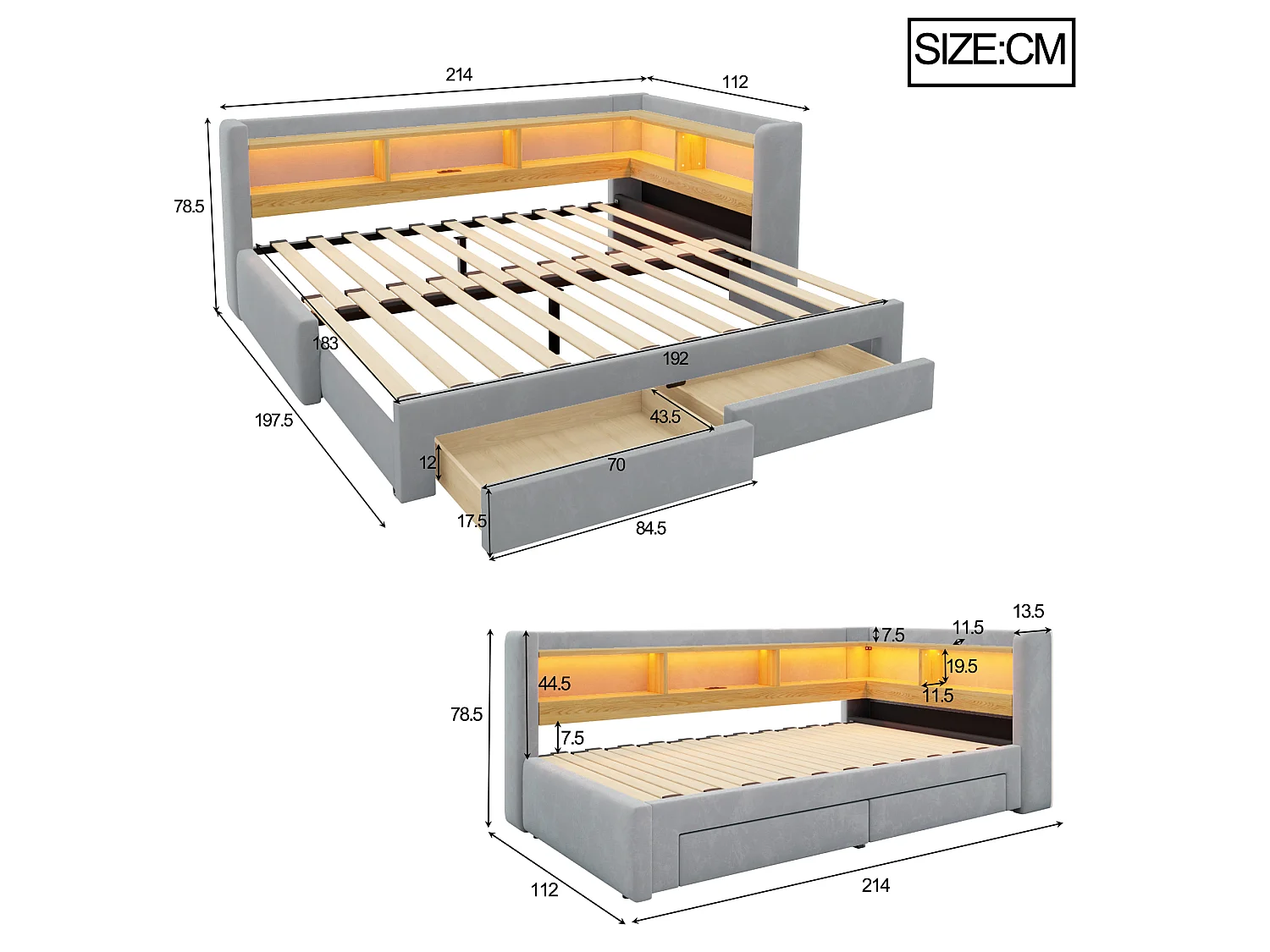 Sofá-cama 90x200 cm – com cama auxiliar – com 2 gavetas – com iluminação LED – com tomada elétrica – Cinza claro (colchão não incluído)