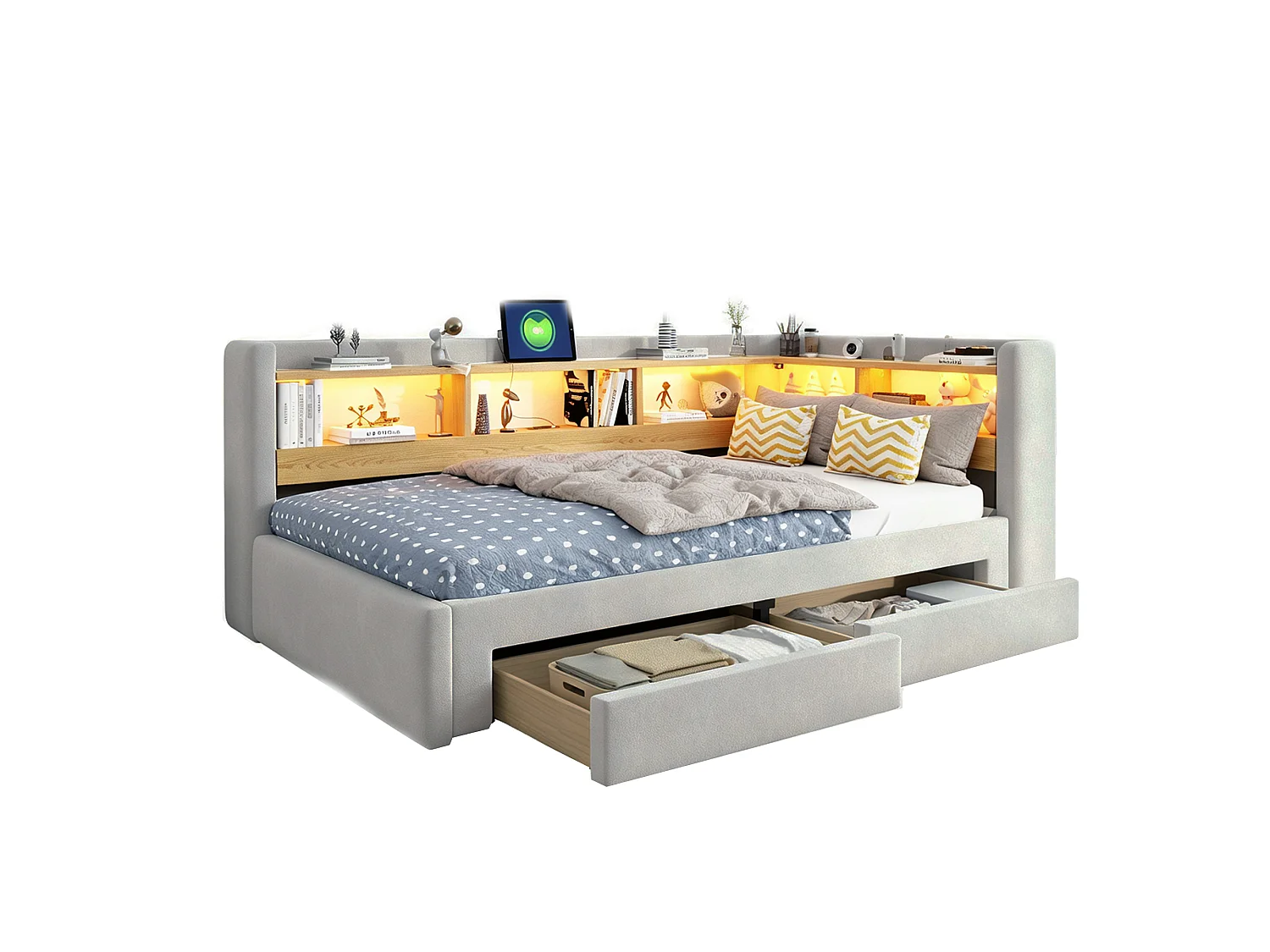 Sofá-cama 90x200 cm – com cama auxiliar – com 2 gavetas – com iluminação LED – com tomada elétrica – Cinza claro (colchão não incluído)