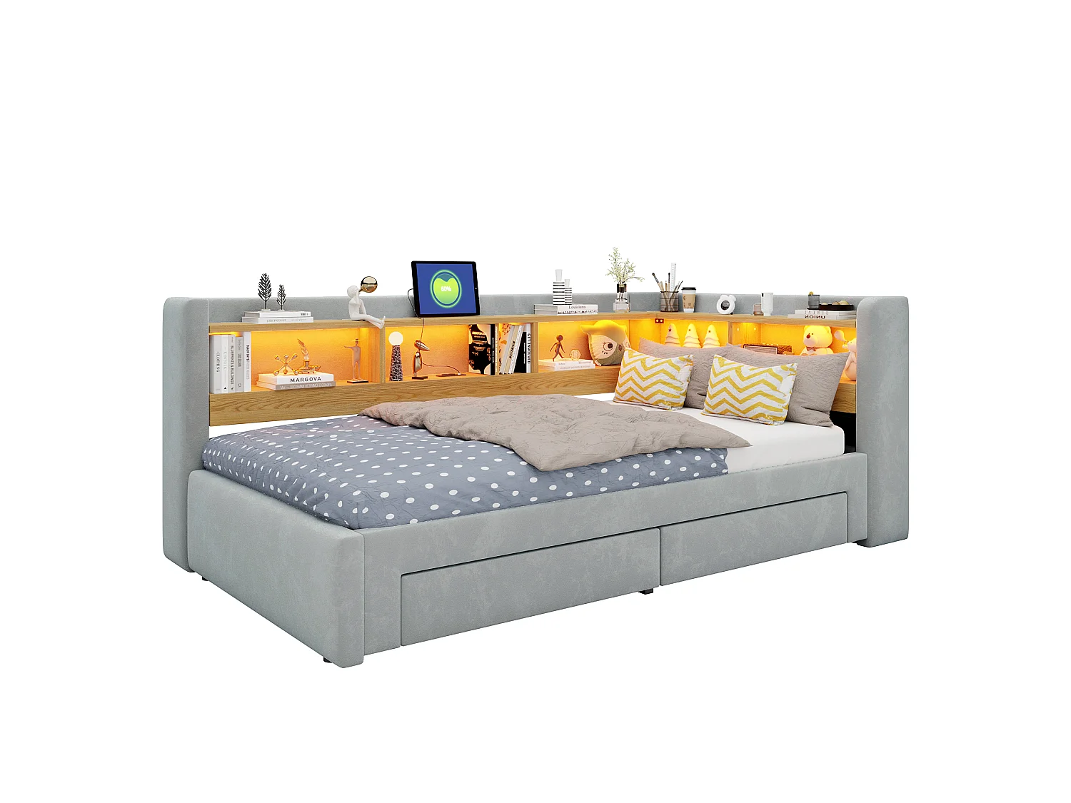 Sofá-cama 90x200 cm – com cama auxiliar – com 2 gavetas – com iluminação LED – com tomada elétrica – Cinza claro (colchão não incluído)
