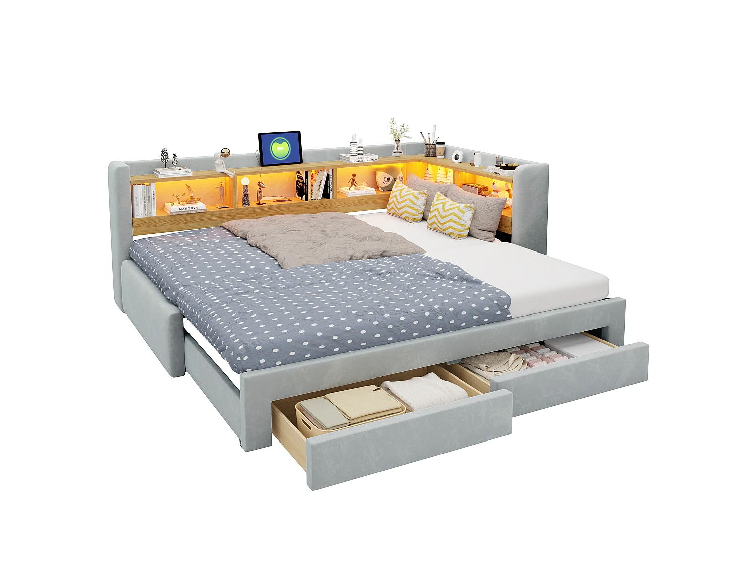 Sofá-cama 90x200 cm – com cama auxiliar – com 2 gavetas – com iluminação LED – com tomada elétrica – Cinza claro (colchão não incluído)