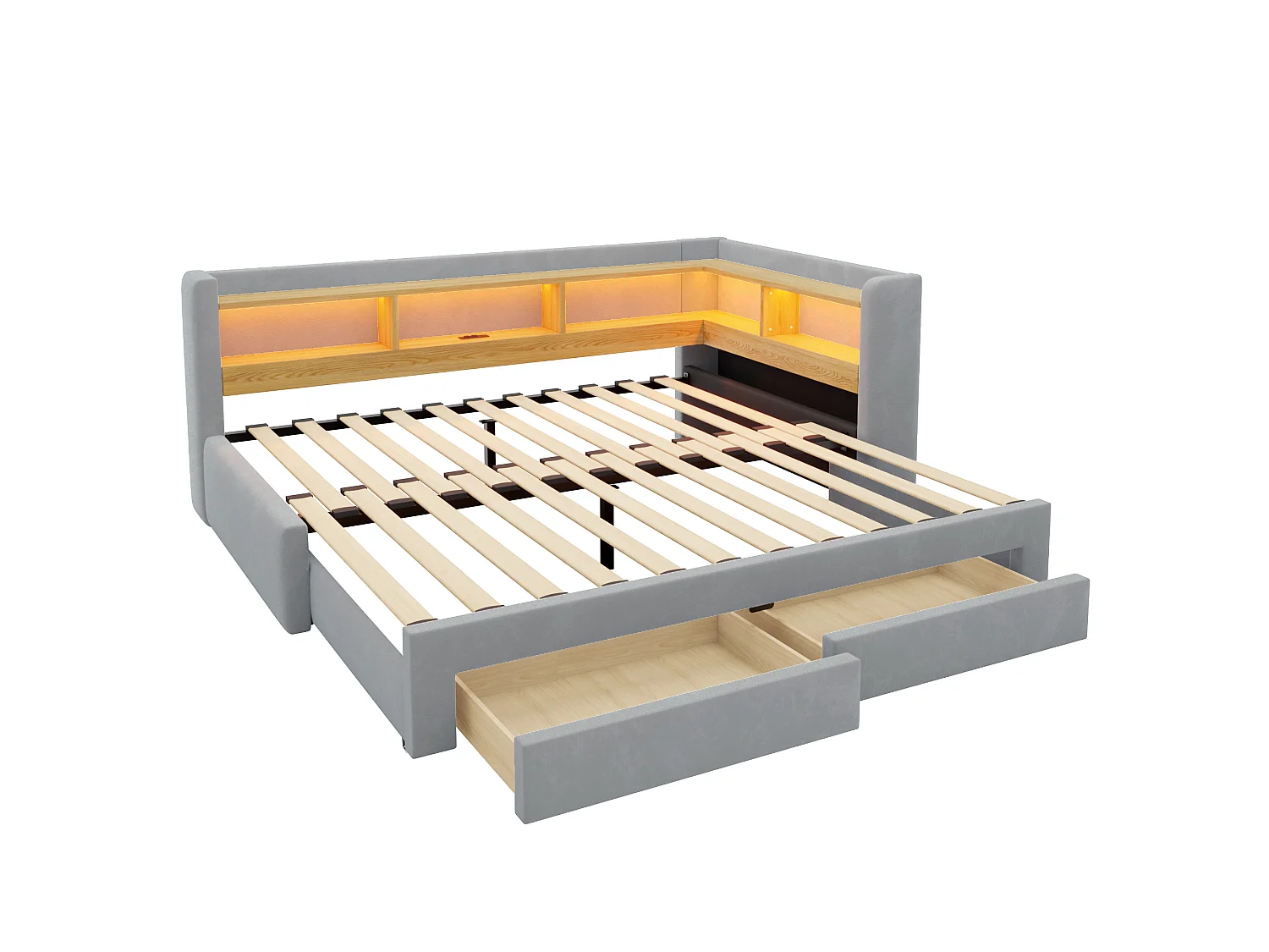 Sofá-cama 90x200 cm – com cama auxiliar – com 2 gavetas – com iluminação LED – com tomada elétrica – Cinza claro (colchão não incluído)