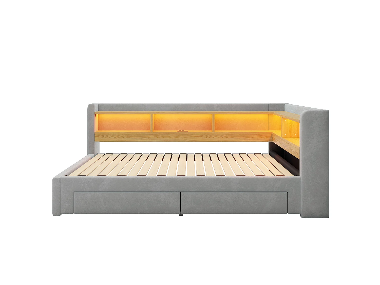 Sofá-cama 90x200 cm – com cama auxiliar – com 2 gavetas – com iluminação LED – com tomada elétrica – Cinza claro (colchão não incluído)