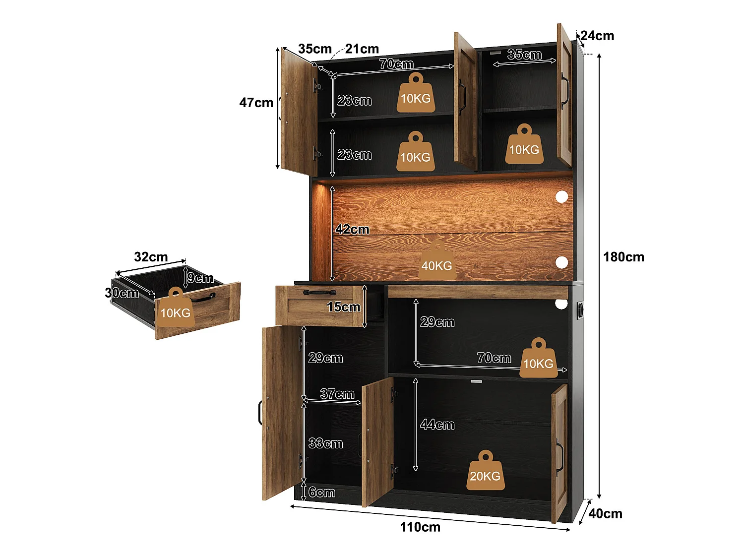 Küchenbuffet 110x40x180cm - mit LED-Beleuchtung - mit Steckdose - mit 6 Türen und 1 Schublade - Natur + Schwarz