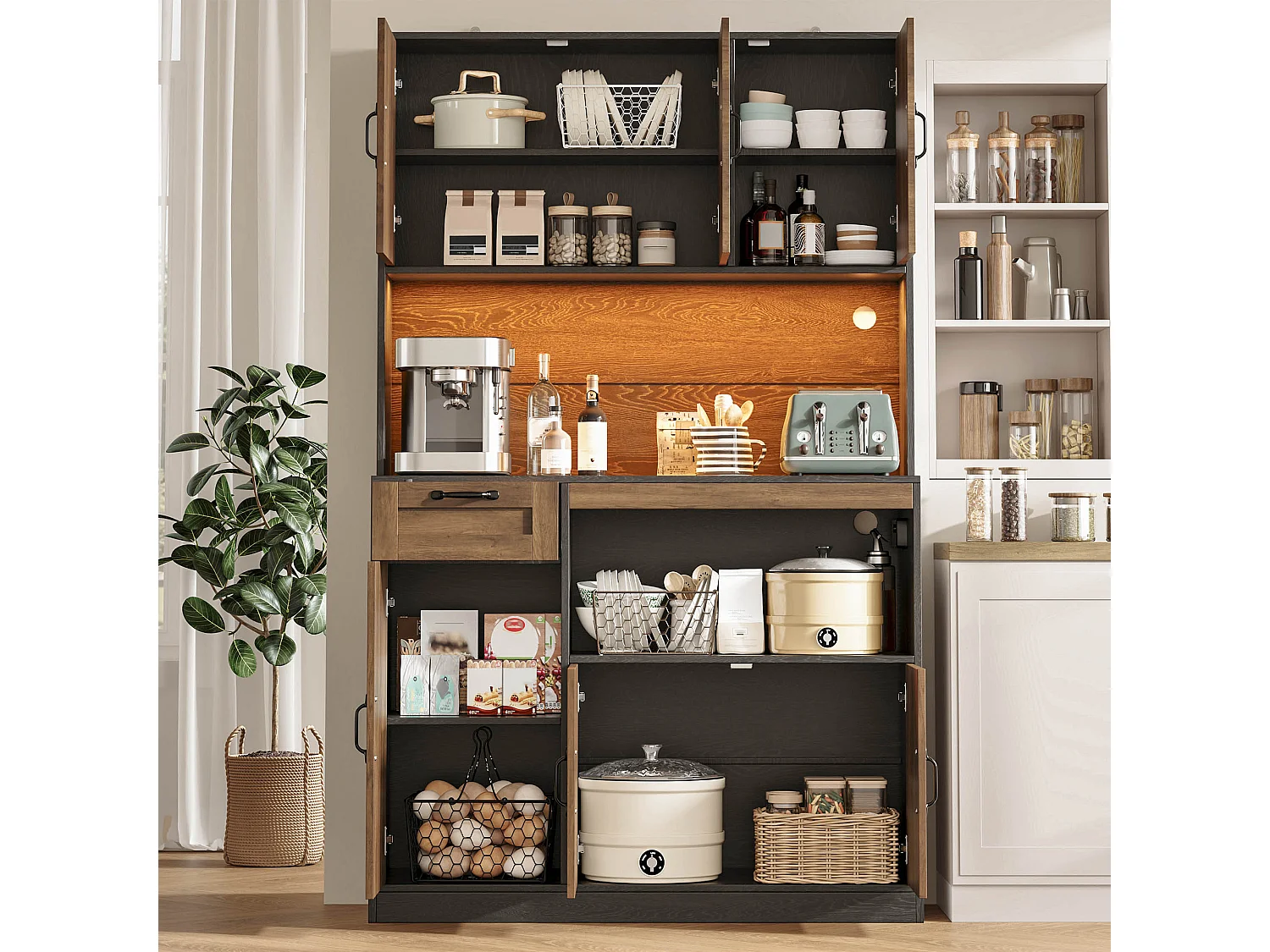 Küchenbuffet 110x40x180cm - mit LED-Beleuchtung - mit Steckdose - mit 6 Türen und 1 Schublade - Natur + Schwarz