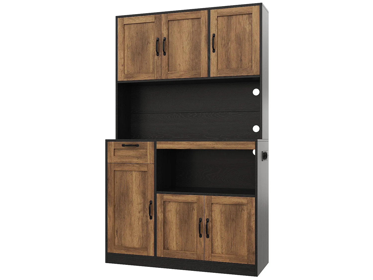 Küchenbuffet 110x40x180cm - mit LED-Beleuchtung - mit Steckdose - mit 6 Türen und 1 Schublade - Natur + Schwarz