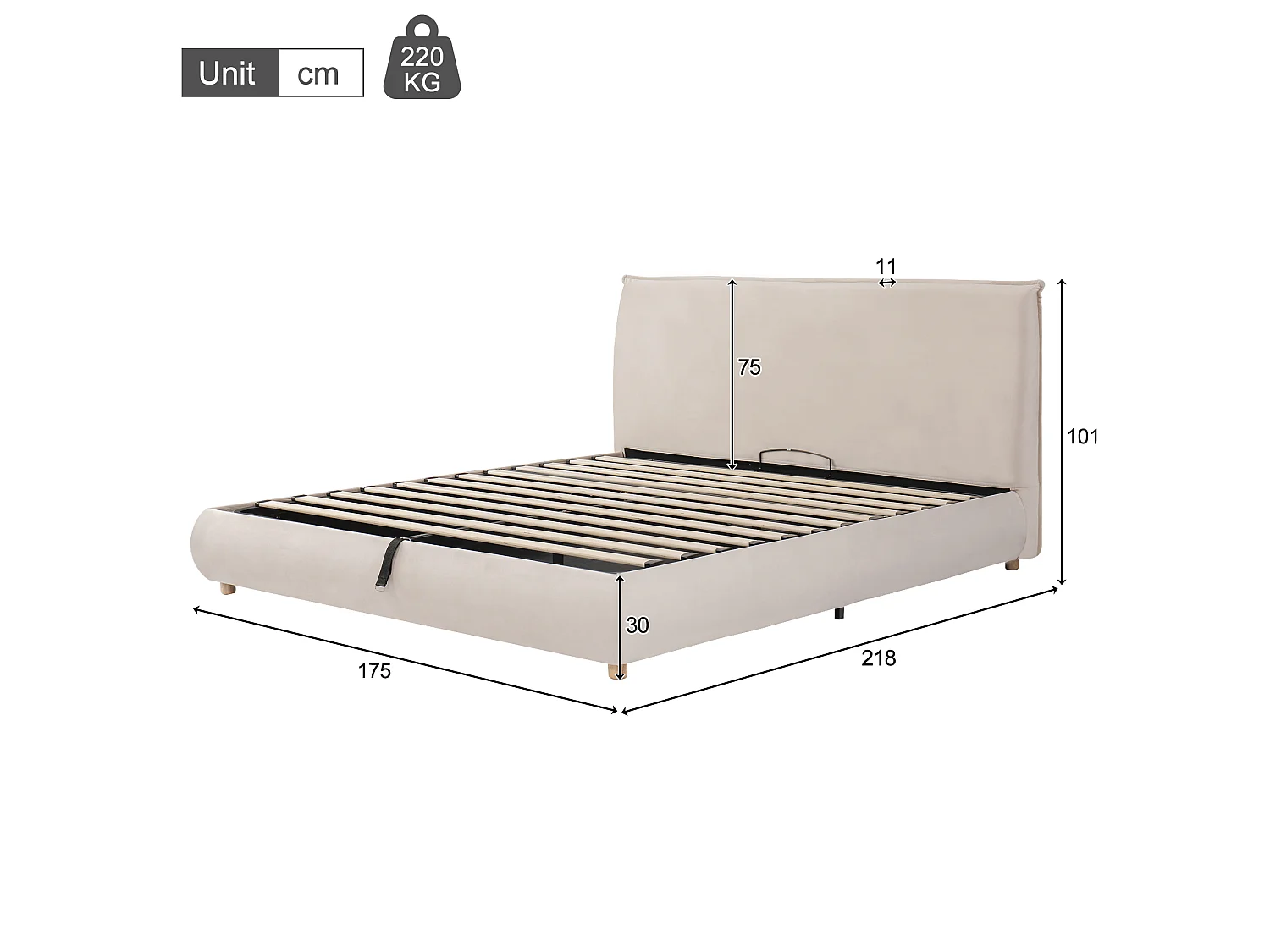 Upholstered storage bed 160x200 cm - Upholstered headboard - Under-bed storage - Solid wood legs - In velvet - Beige