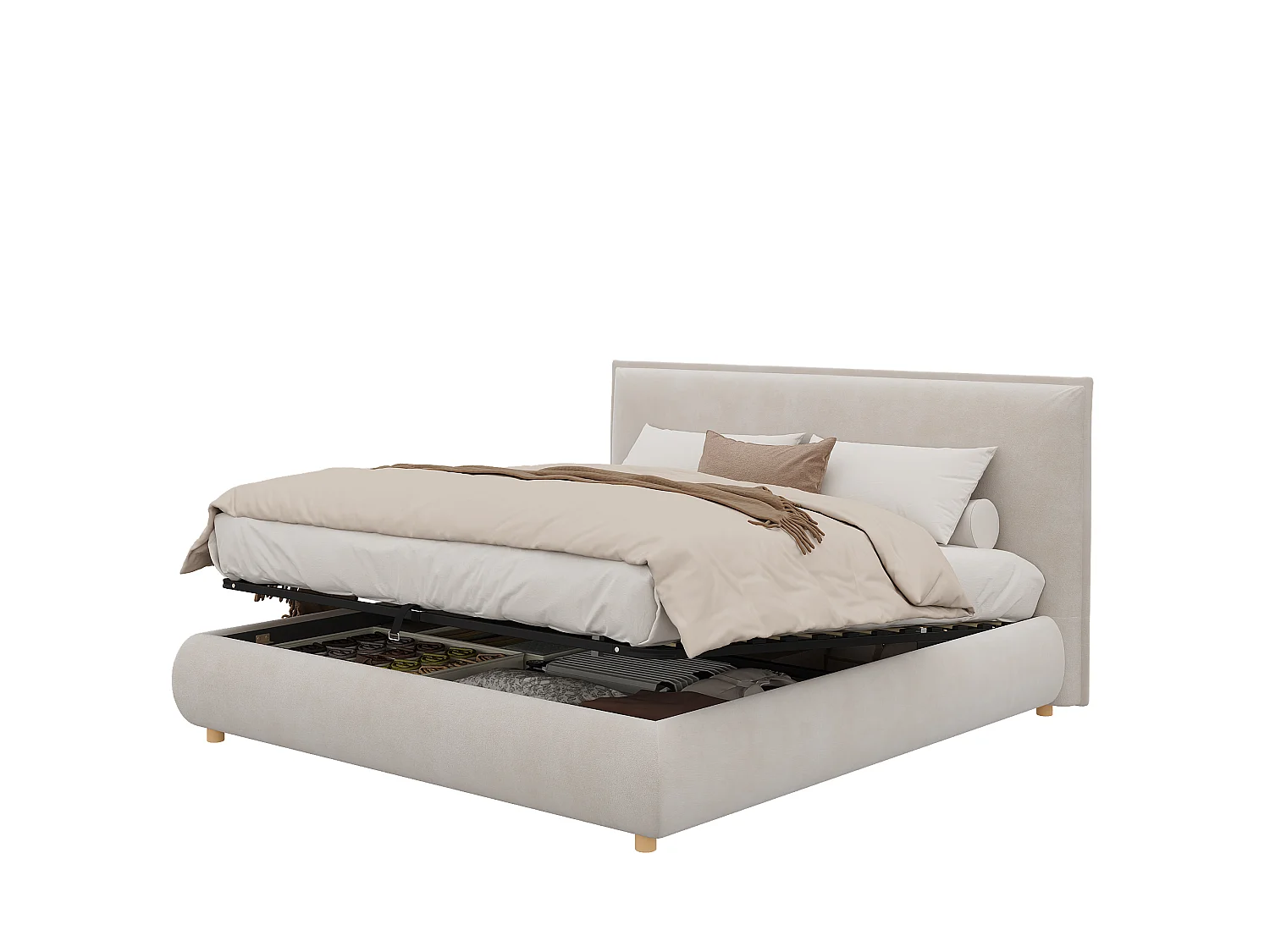 Upholstered storage bed 160x200 cm - Upholstered headboard - Under-bed storage - Solid wood legs - In velvet - Beige
