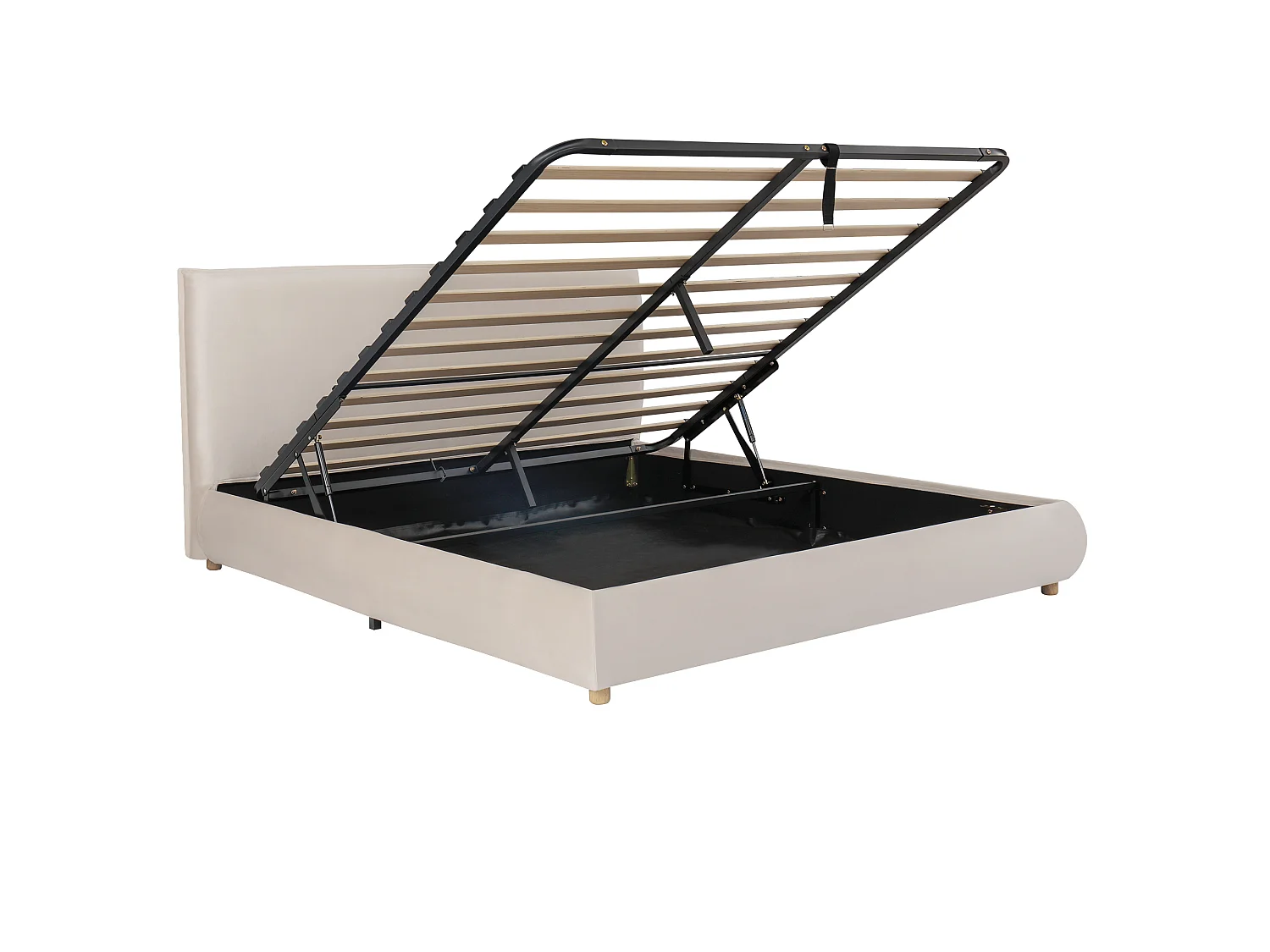 Upholstered storage bed 160x200 cm - Upholstered headboard - Under-bed storage - Solid wood legs - In velvet - Beige
