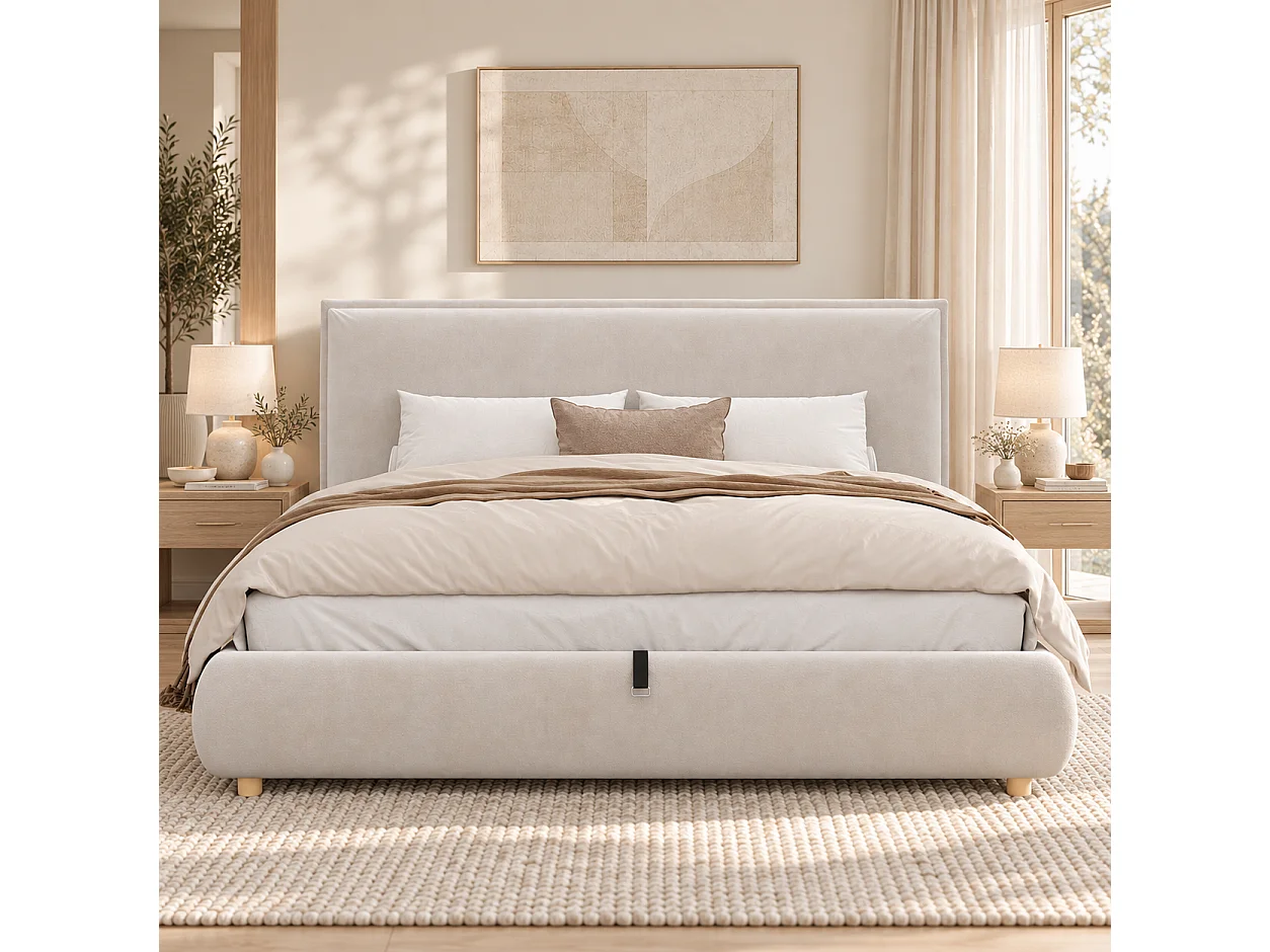 Upholstered storage bed 160x200 cm - Upholstered headboard - Under-bed storage - Solid wood legs - In velvet - Beige