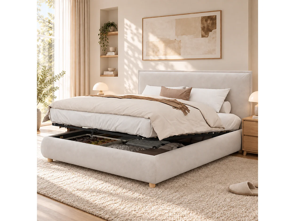 Upholstered storage bed 160x200 cm - Upholstered headboard - Under-bed storage - Solid wood legs - In velvet - Beige