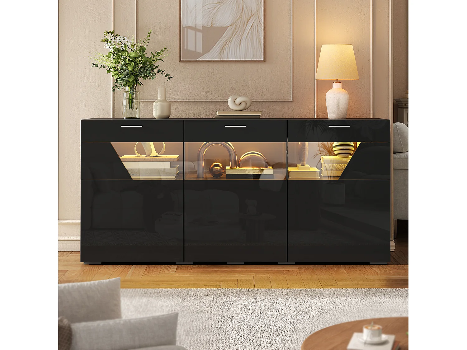 Modern buffet 160x38x78 cm - Opbergmeubel met 3 deuren - Met LED-verlichting - Glanzende afwerking - Spaanplaat - Zwart